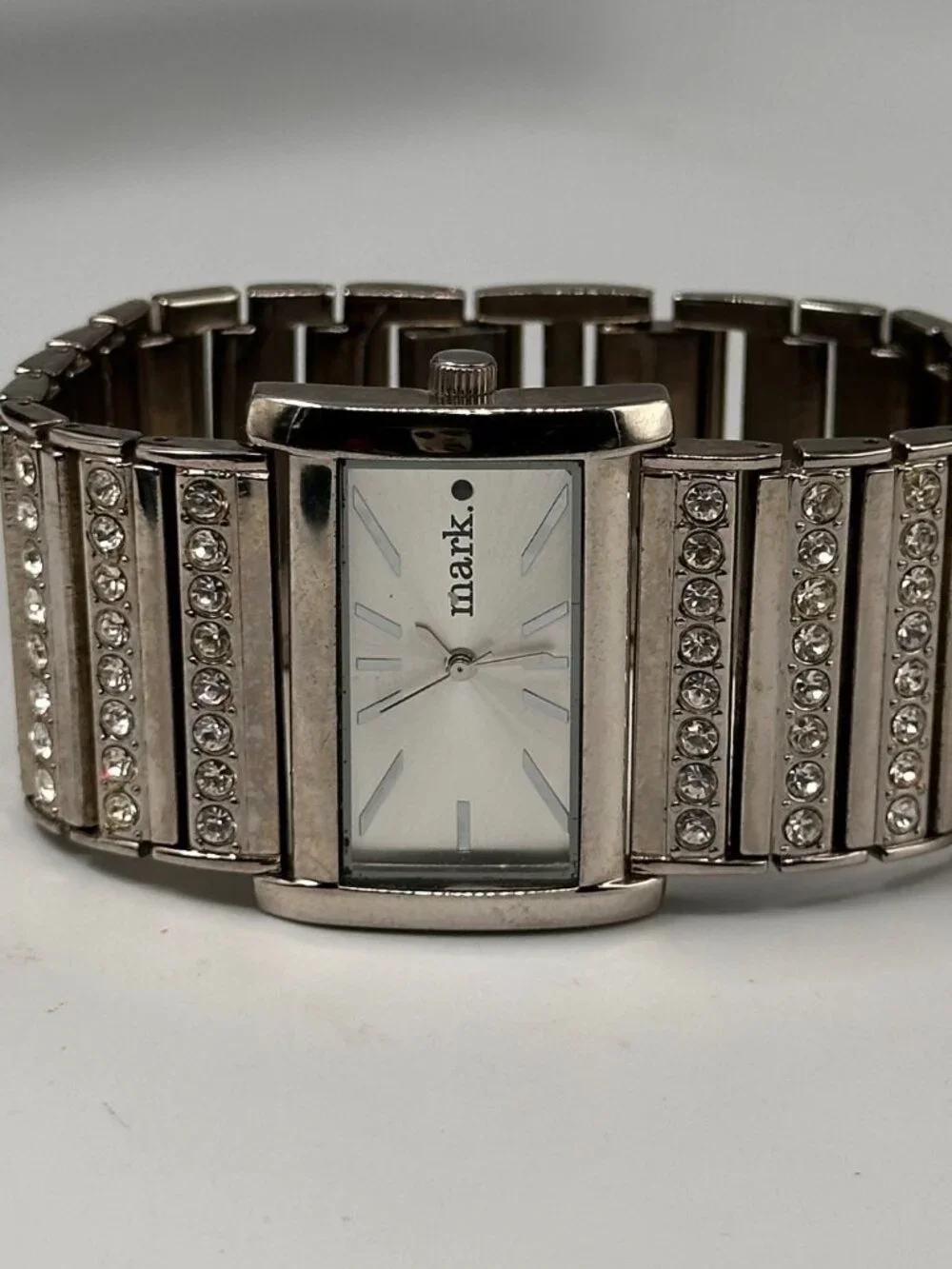 Mark by Avon Watch Womens Silver Tone Square Dial Rhinestones New Battery 7.5
